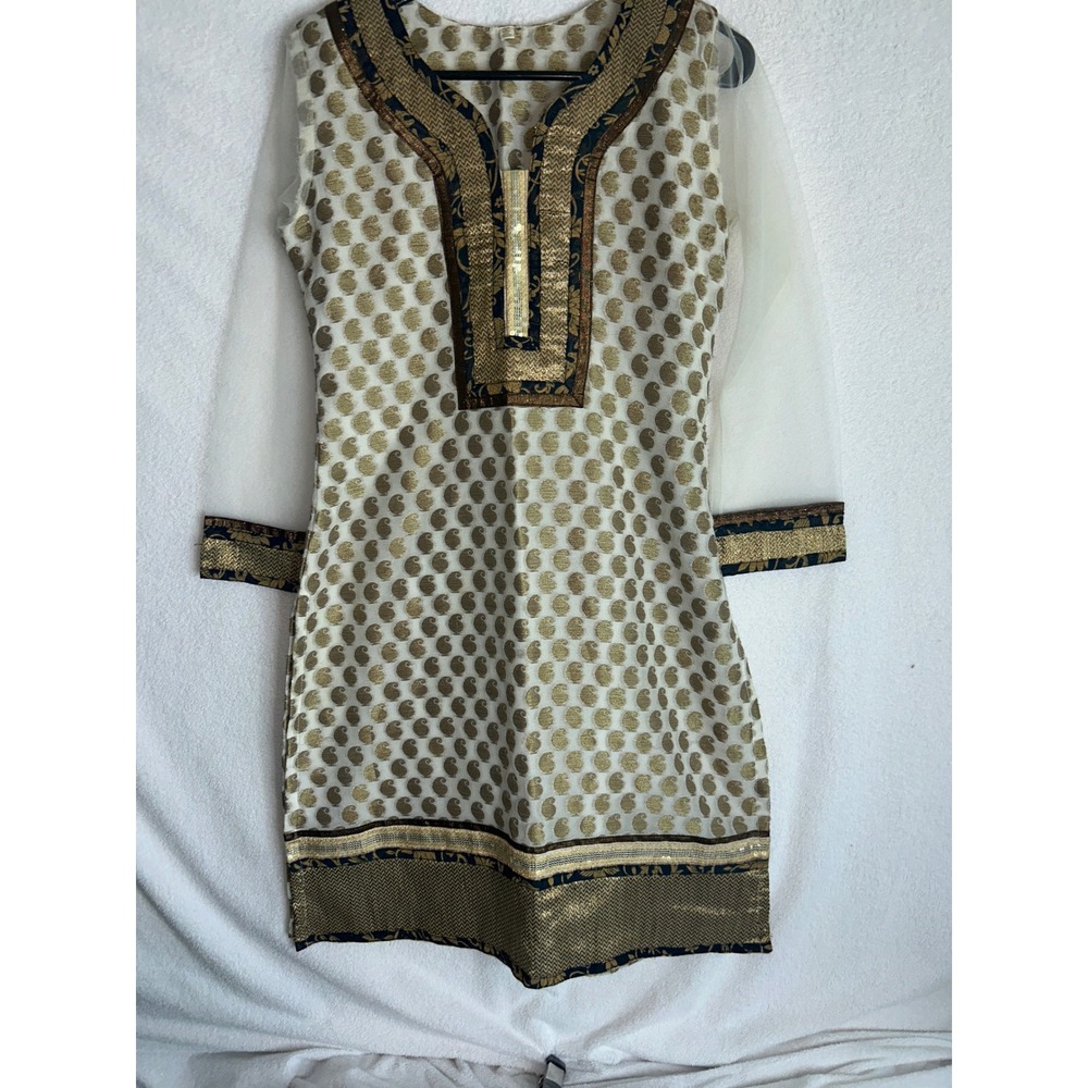 Gorgeous! India Kurta Tunic Gold Paisley dress Sheer Slv White Metallic Festive